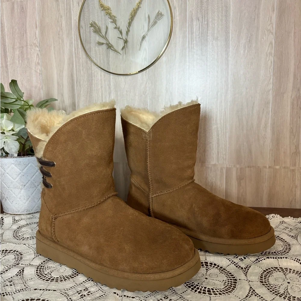 UGG Constantine Satin Ribbon Winter Fur Lined Boots Chestnut Brown Size 7